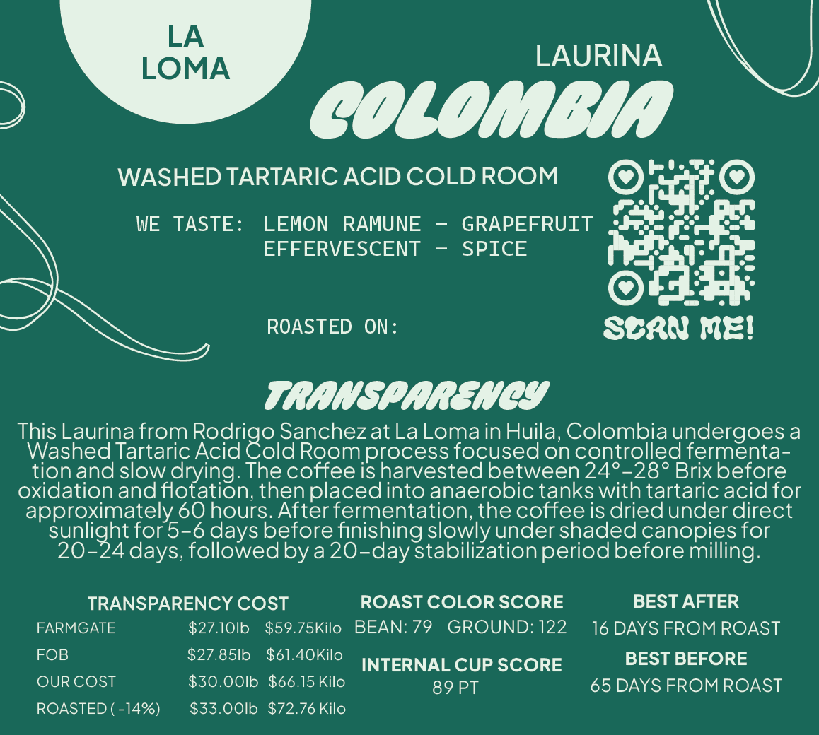 Colombia Laurina Washed Tartaric Acid Cold Room